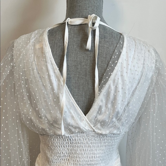 NWOT Elegant White Sheer Chiffon Deep V Puff Sleeve Top, Size M - Picture 7 of 11